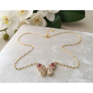 Crystal CZ Butterfly Pendant Necklace Gold Tone Pink Baguette Stones 18in Adj